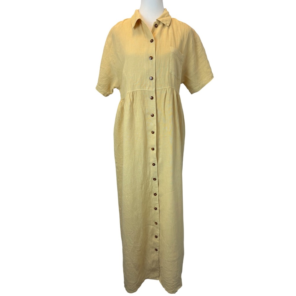VTG Kiko Small 100% Linen Button Maxi Dress Yellow Short Sleeve Pocket Cottage
